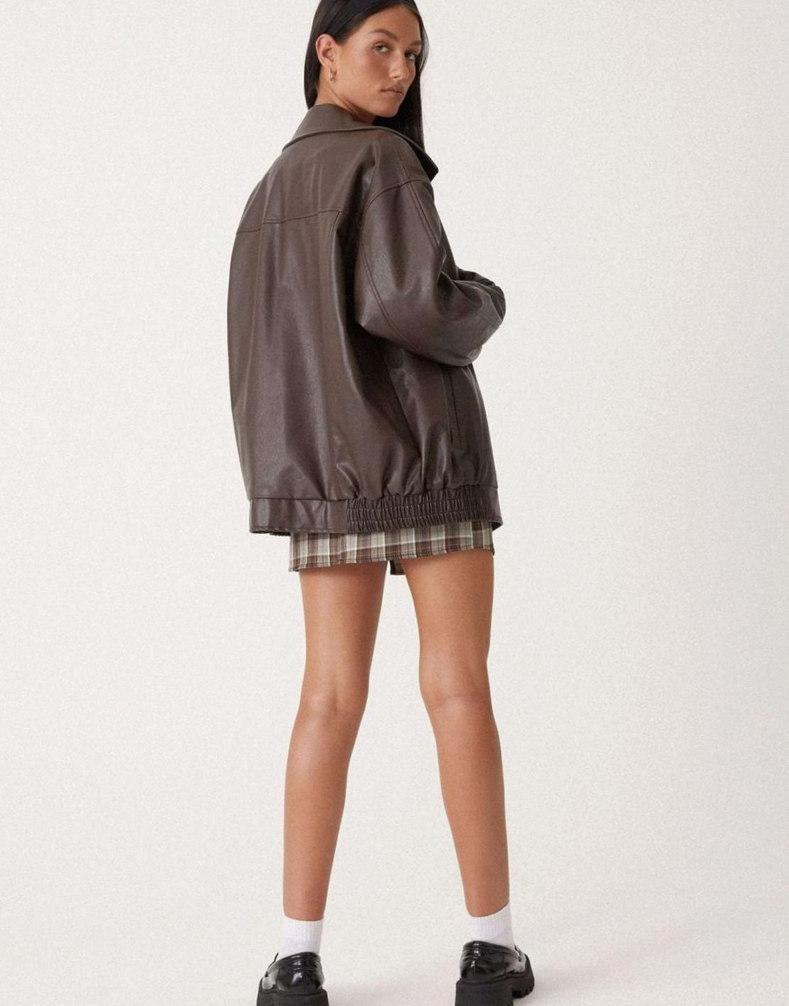 Sybil | Oversized Faux Leather Zip-Up Bomber Jacket