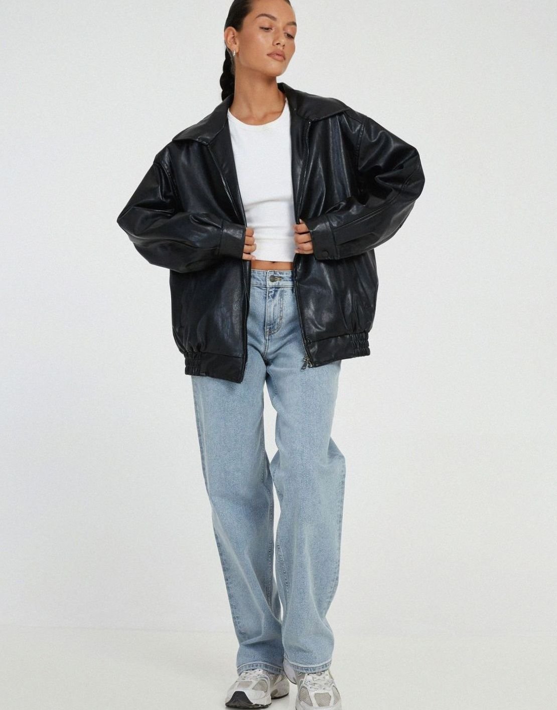 Sybil | Oversized Faux Leather Zip-Up Bomber Jacket