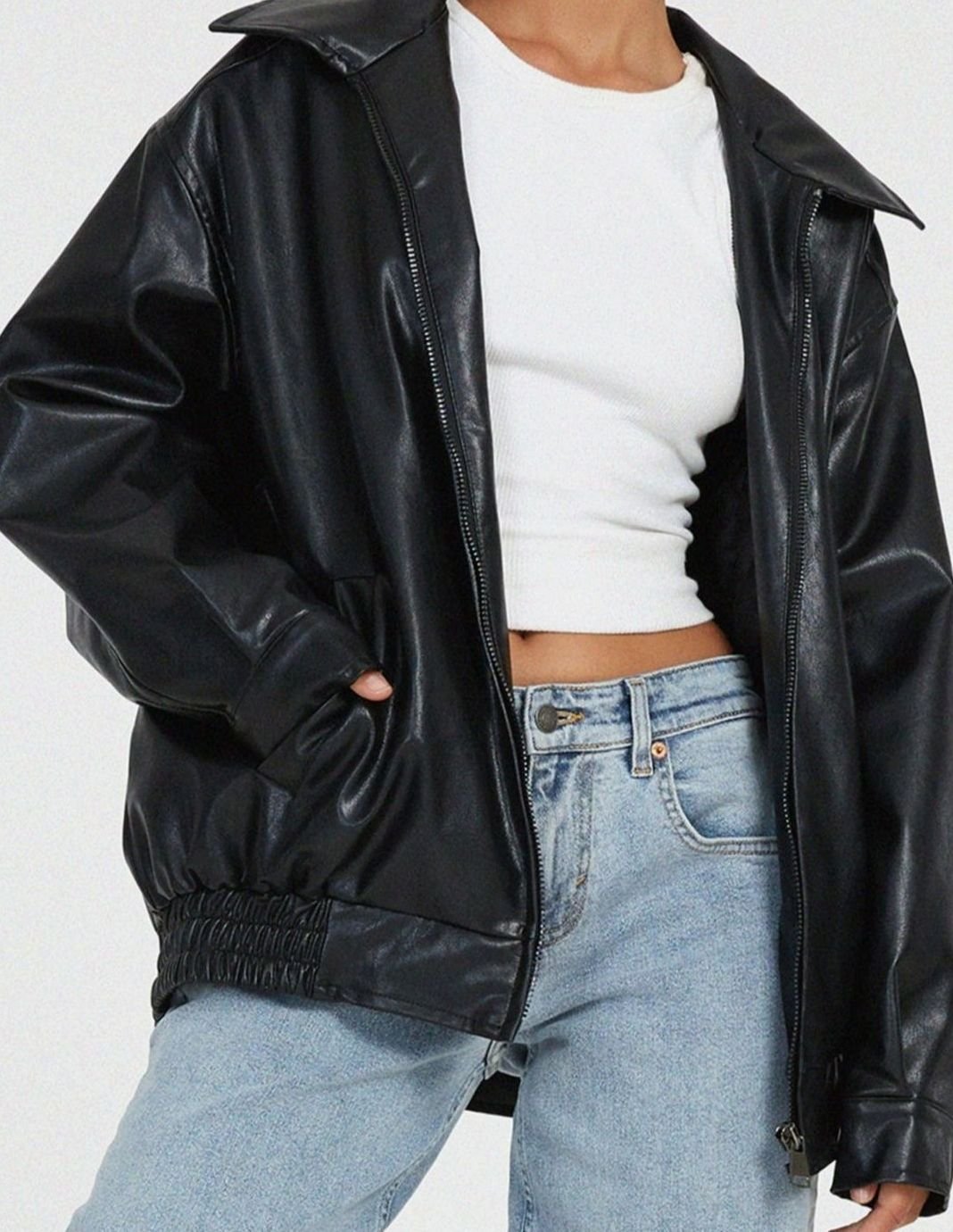Sybil | Oversized Faux Leather Zip-Up Bomber Jacket