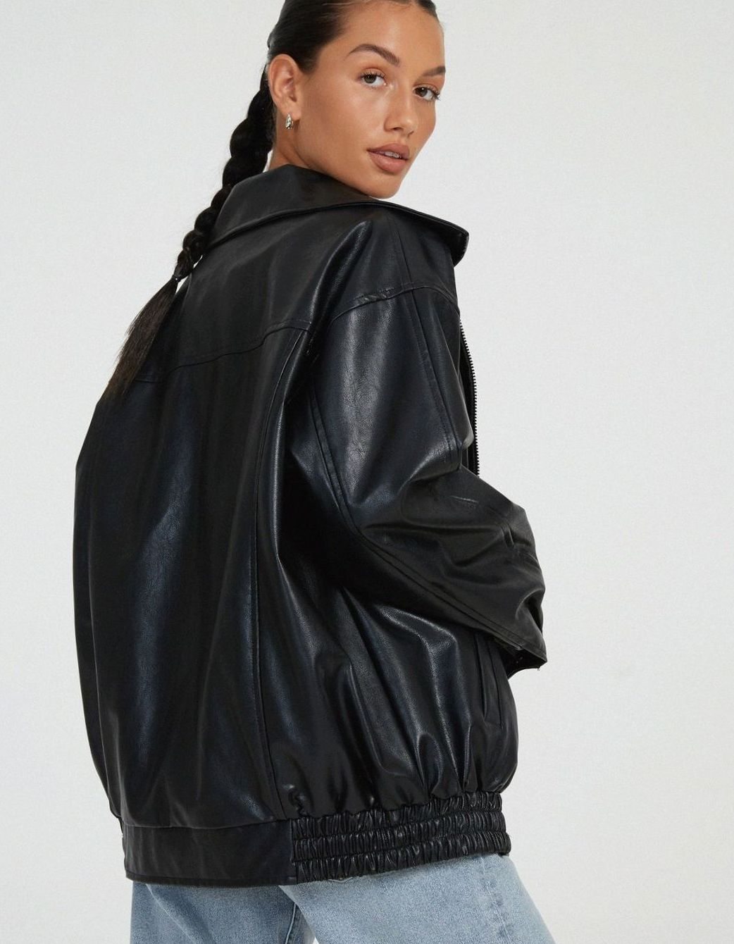 Sybil | Oversized Faux Leather Zip-Up Bomber Jacket