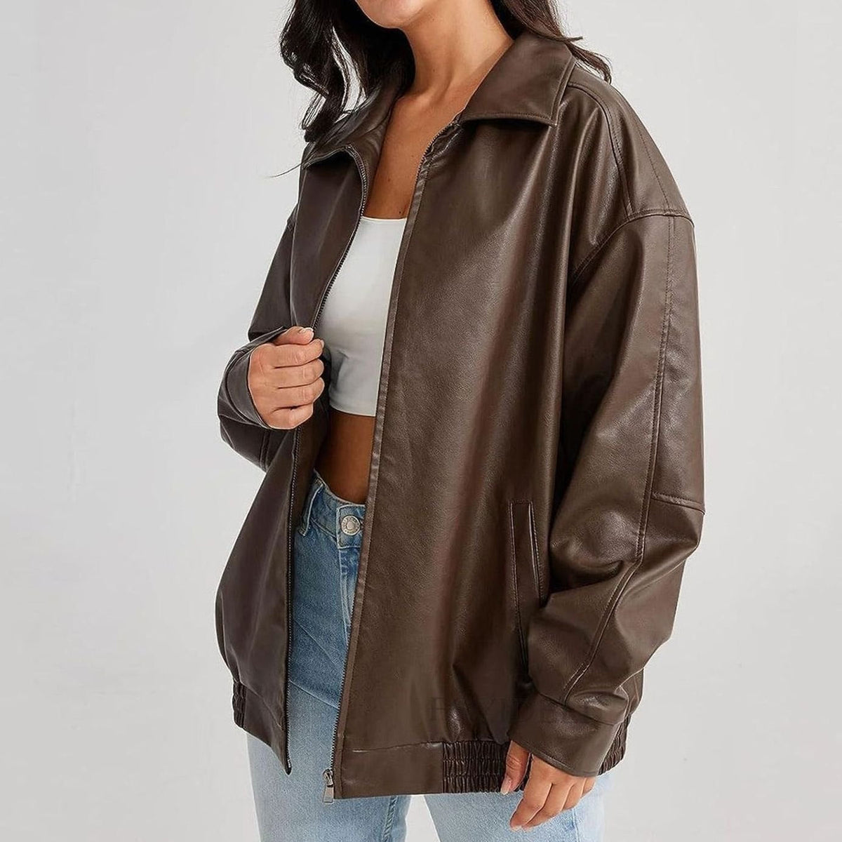 Rowena | Oversized Relaxed-Fit Zip-Up Leather Jacket