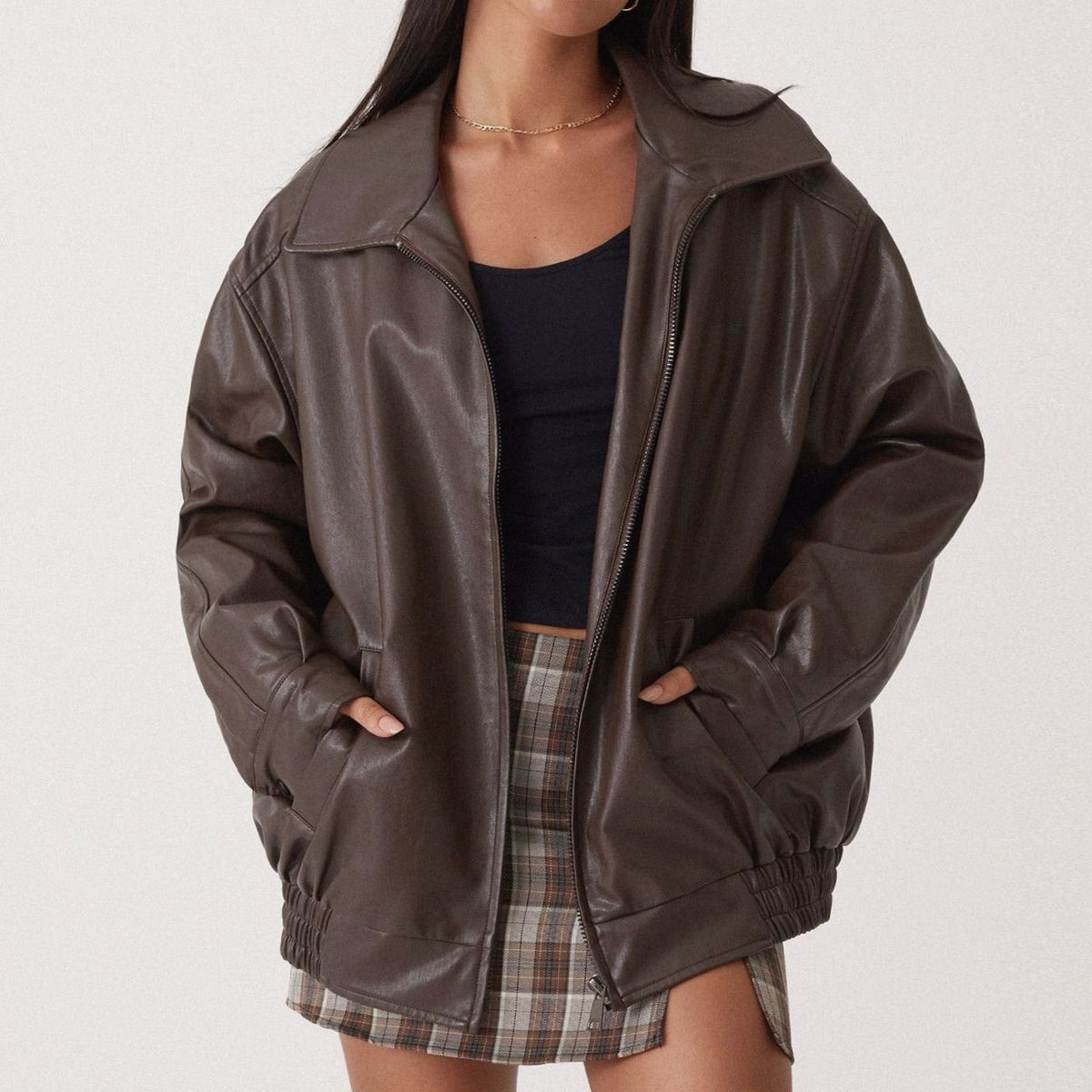 Rowena | Oversized Relaxed-Fit Zip-Up Leather Jacket