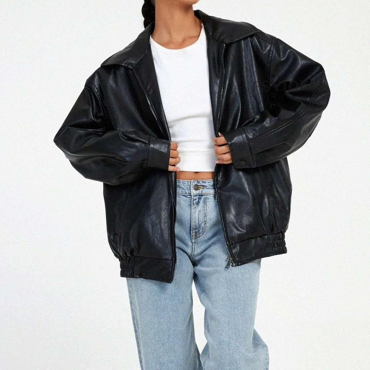 Rowena | Oversized Relaxed-Fit Zip-Up Leather Jacket