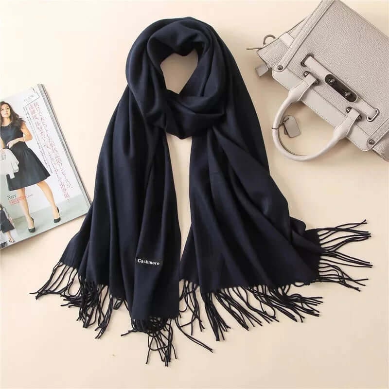 Women's Pashmina Scarf with Fringed Tassel Ends and Fine Knit Texture