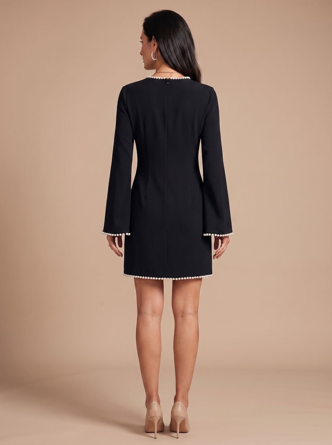 Grace | Women's Pearl-Trim Keyhole Long-Sleeve Mini Dress