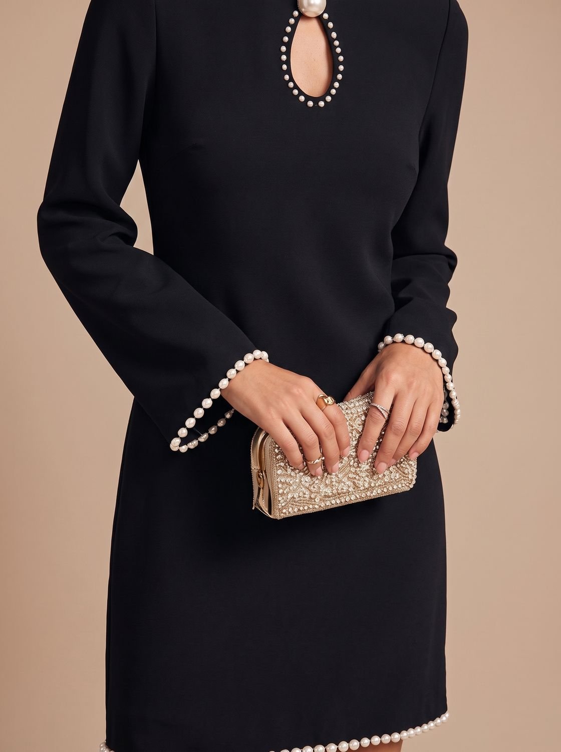 Grace | Women's Pearl-Trim Keyhole Long-Sleeve Mini Dress