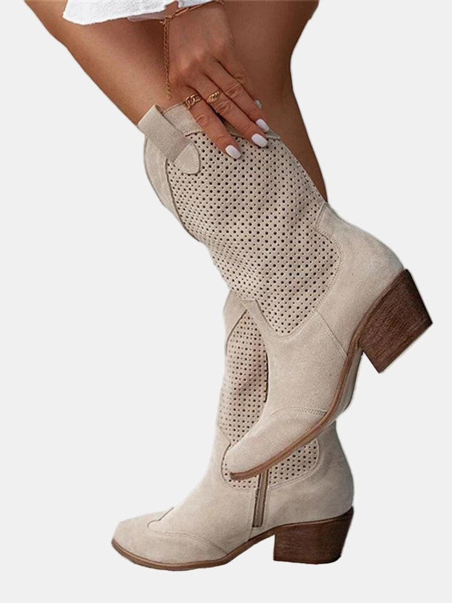 Women's Suede Knee High Boots | Block Heel Cowboy Boots