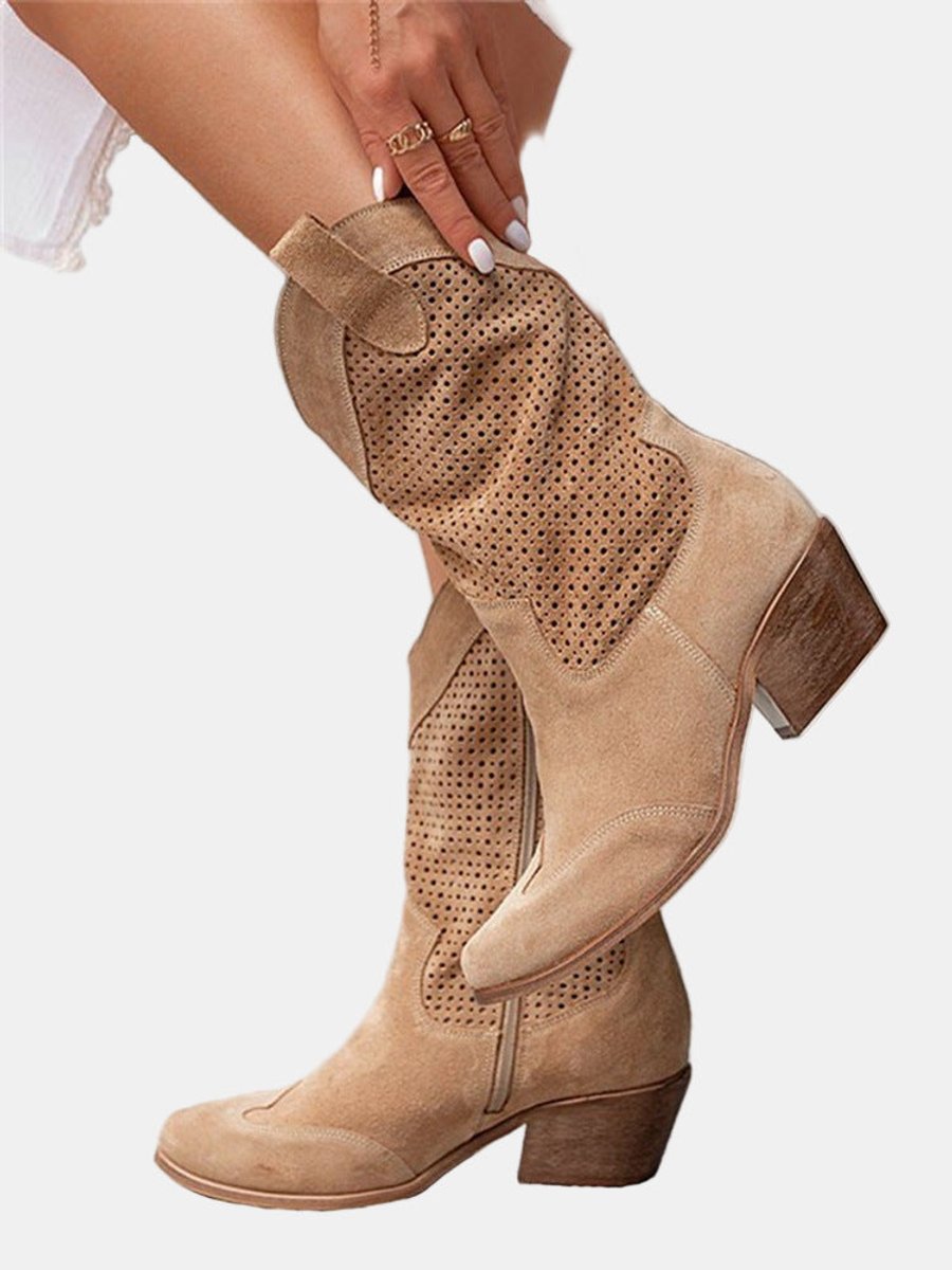Women's Suede Knee High Boots | Block Heel Cowboy Boots