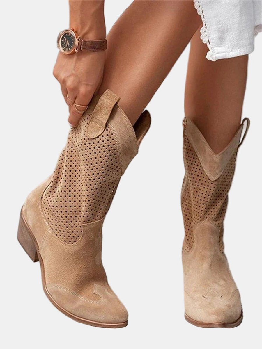Women's Suede Knee High Boots | Block Heel Cowboy Boots