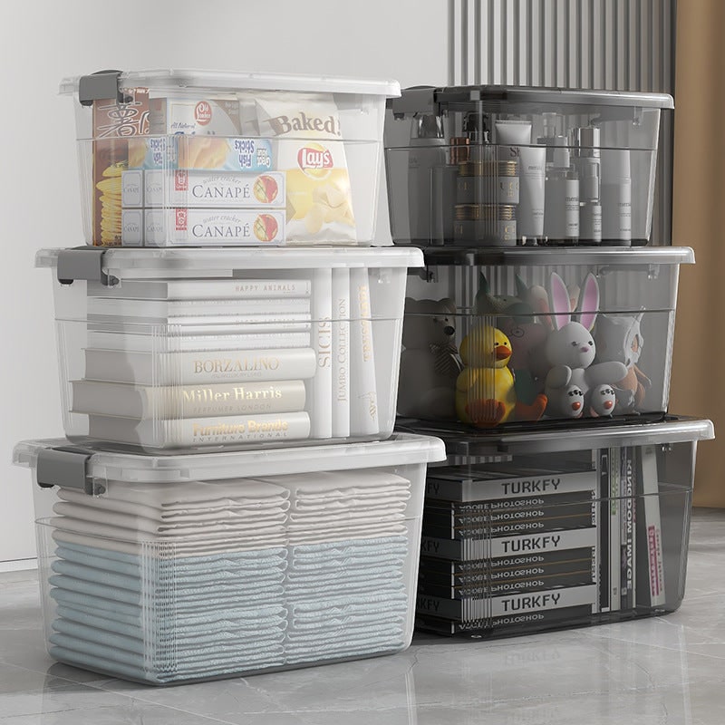 Plastic Storage Bin and Stackable Box with Wheels Latching Lid and Carrying Handle Rack