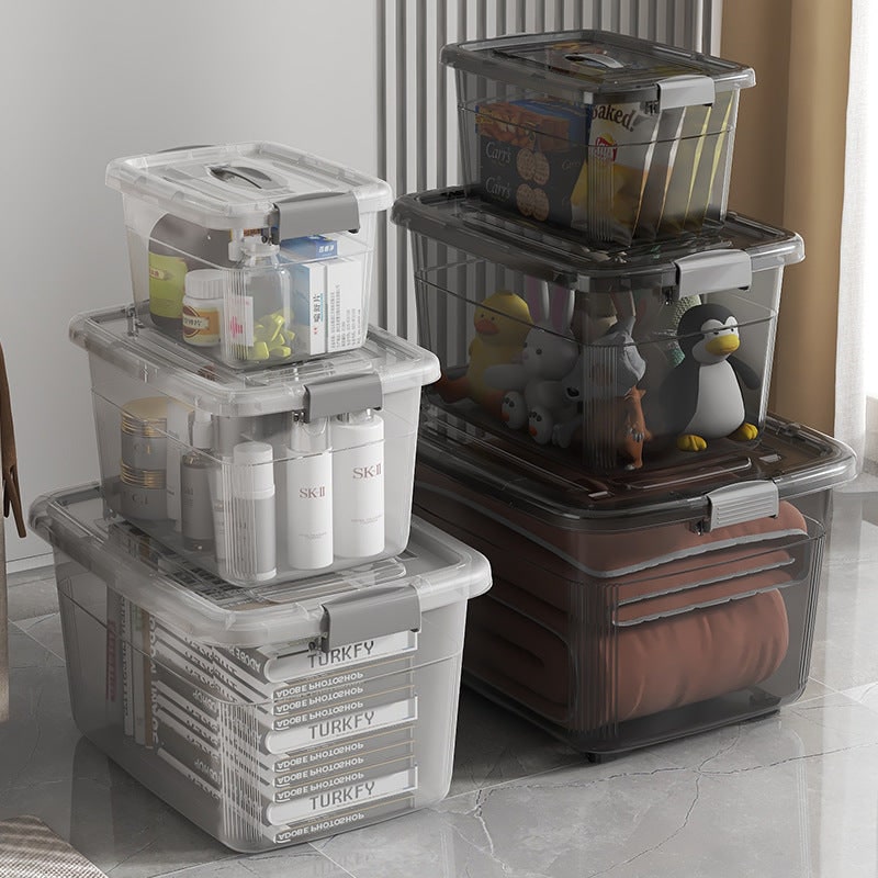 Plastic Storage Bin and Stackable Box with Wheels Latching Lid and Carrying Handle Rack