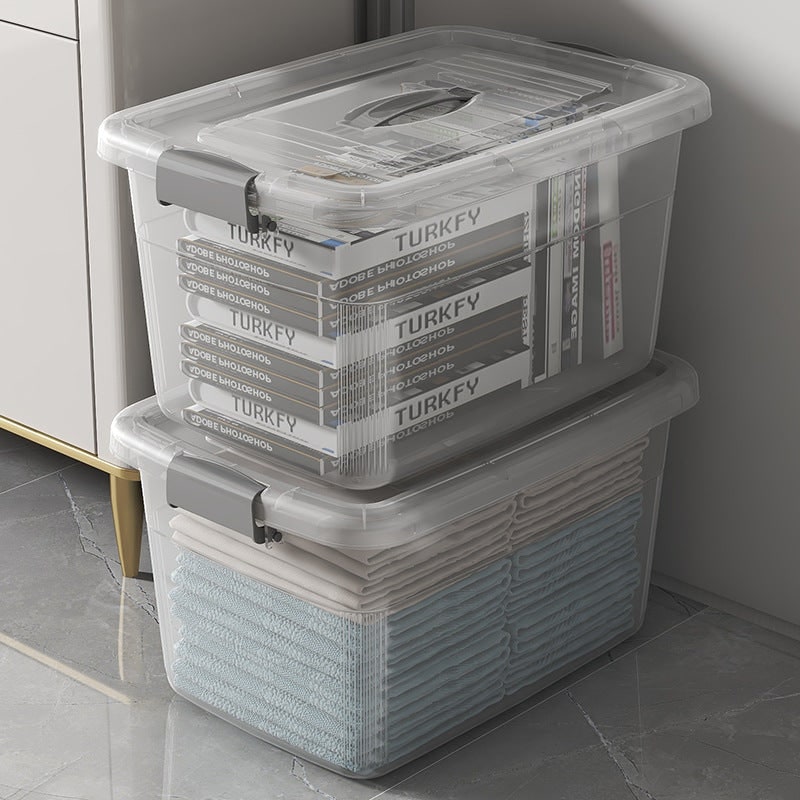 Plastic Storage Bin and Stackable Box with Wheels Latching Lid and Carrying Handle Rack