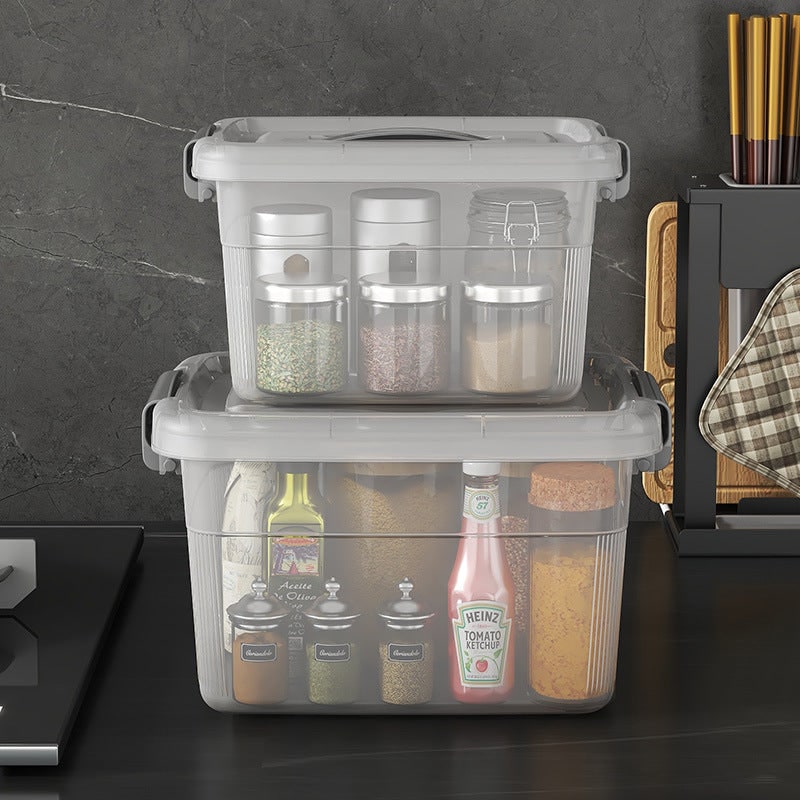 Plastic Storage Bin and Stackable Box with Wheels Latching Lid and Carrying Handle Rack