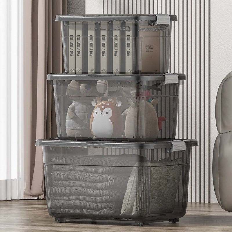 Plastic Storage Bin and Stackable Box with Wheels Latching Lid and Carrying Handle Rack