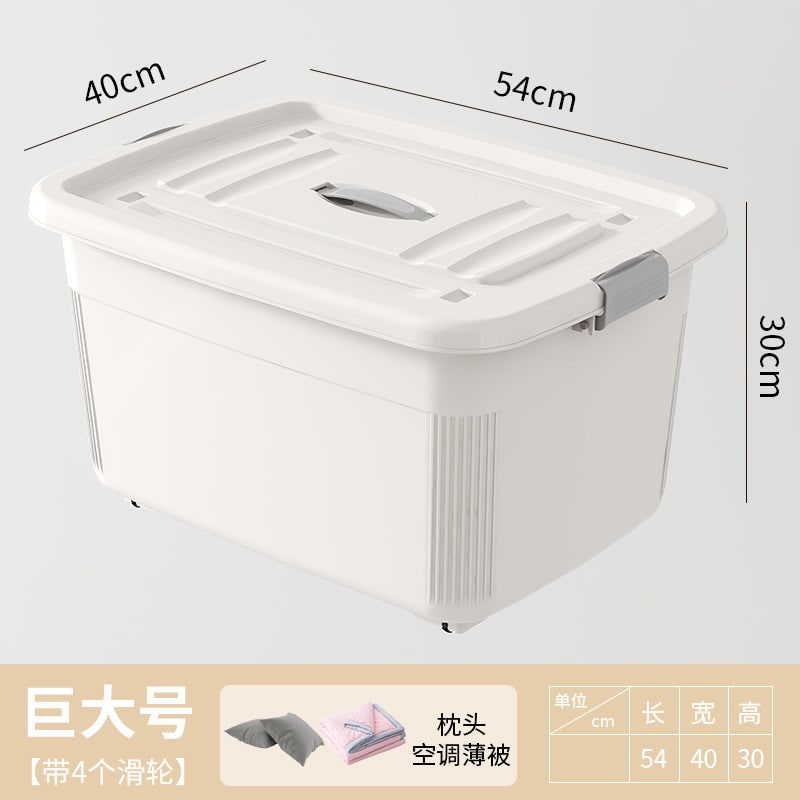 Plastic Storage Bin and Stackable Box with Wheels Latching Lid and Carrying Handle Rack