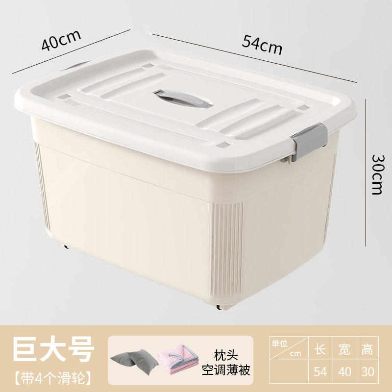 Plastic Storage Bin and Stackable Box with Wheels Latching Lid and Carrying Handle Rack