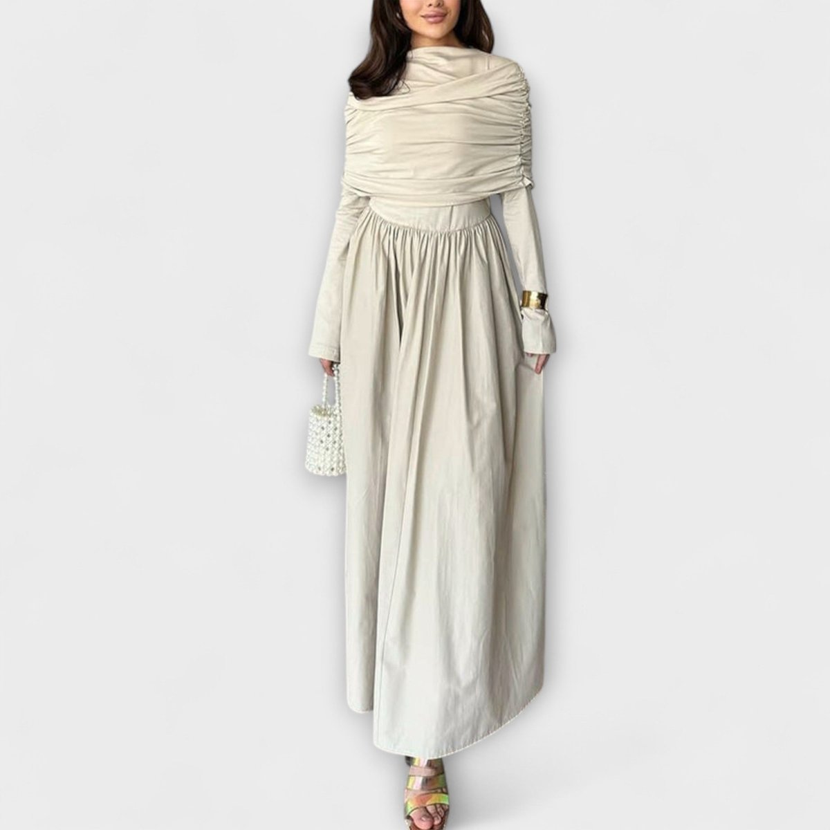 Charlotte | Women's Pleated High-Neck Long Sleeve Relaxed Maxi Dress