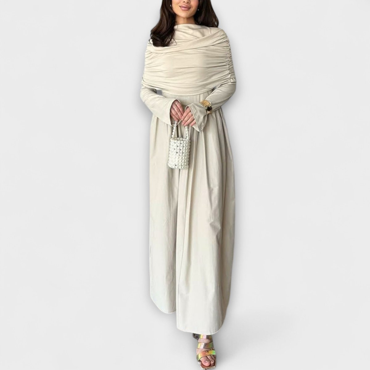 Charlotte | Women's Pleated High-Neck Long Sleeve Relaxed Maxi Dress