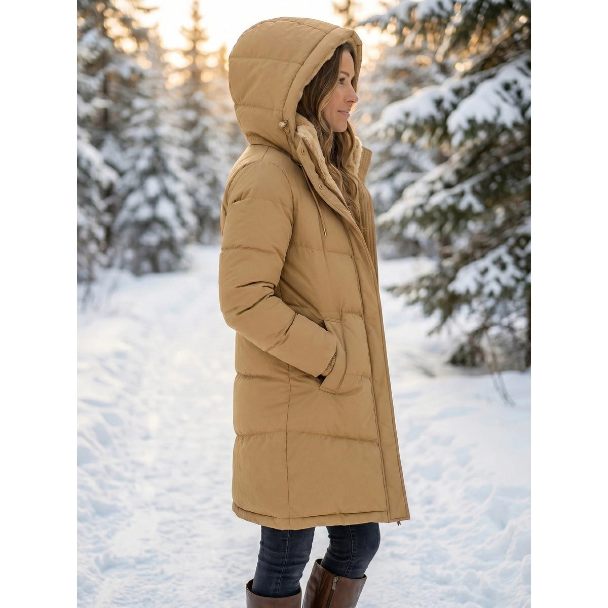 Women's Puffer Coat with Quilted Design and Sherpa-Lined Hood for Winter