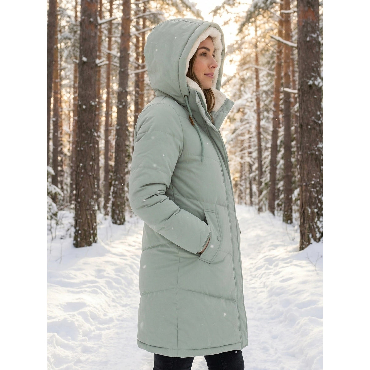 Women's Puffer Coat with Quilted Design and Sherpa-Lined Hood for Winter