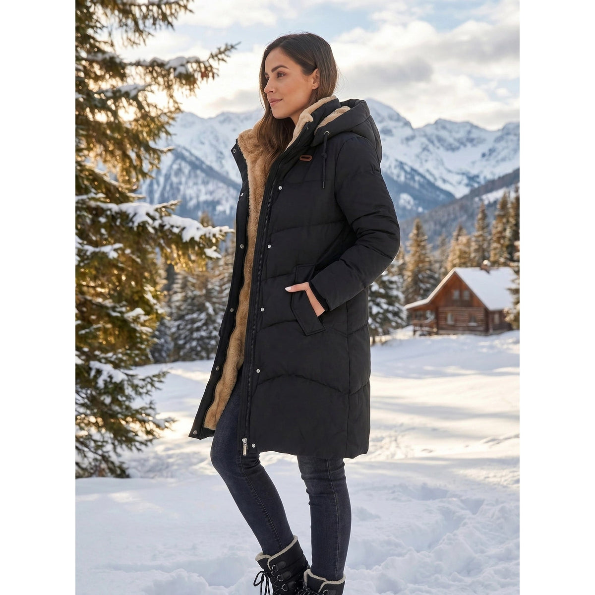 Women's Puffer Coat with Quilted Design and Sherpa-Lined Hood for Winter