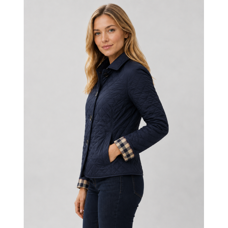 Women's Quilted Jacket with Diamond Quilting and Plaid Lining