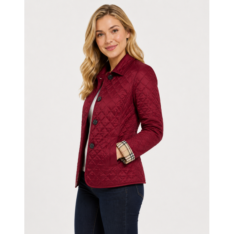 Women's Quilted Jacket with Diamond Quilting and Plaid Lining