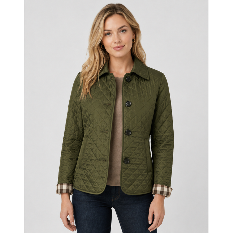 Women's Quilted Jacket with Diamond Quilting and Plaid Lining
