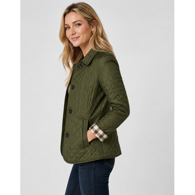 Women's Quilted Jacket with Diamond Quilting and Plaid Lining