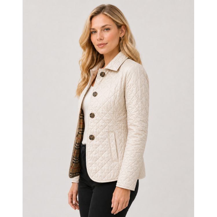 Women's Quilted Jacket with Diamond Quilting and Plaid Lining