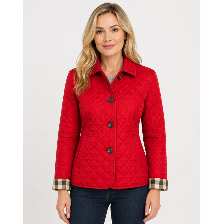 Women's Quilted Jacket with Diamond Quilting and Plaid Lining
