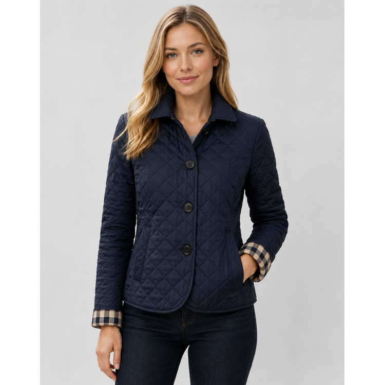 Women's Quilted Jacket with Diamond Quilting and Plaid Lining