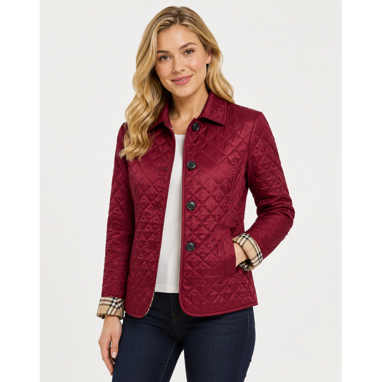 Women's Quilted Jacket with Diamond Quilting and Plaid Lining