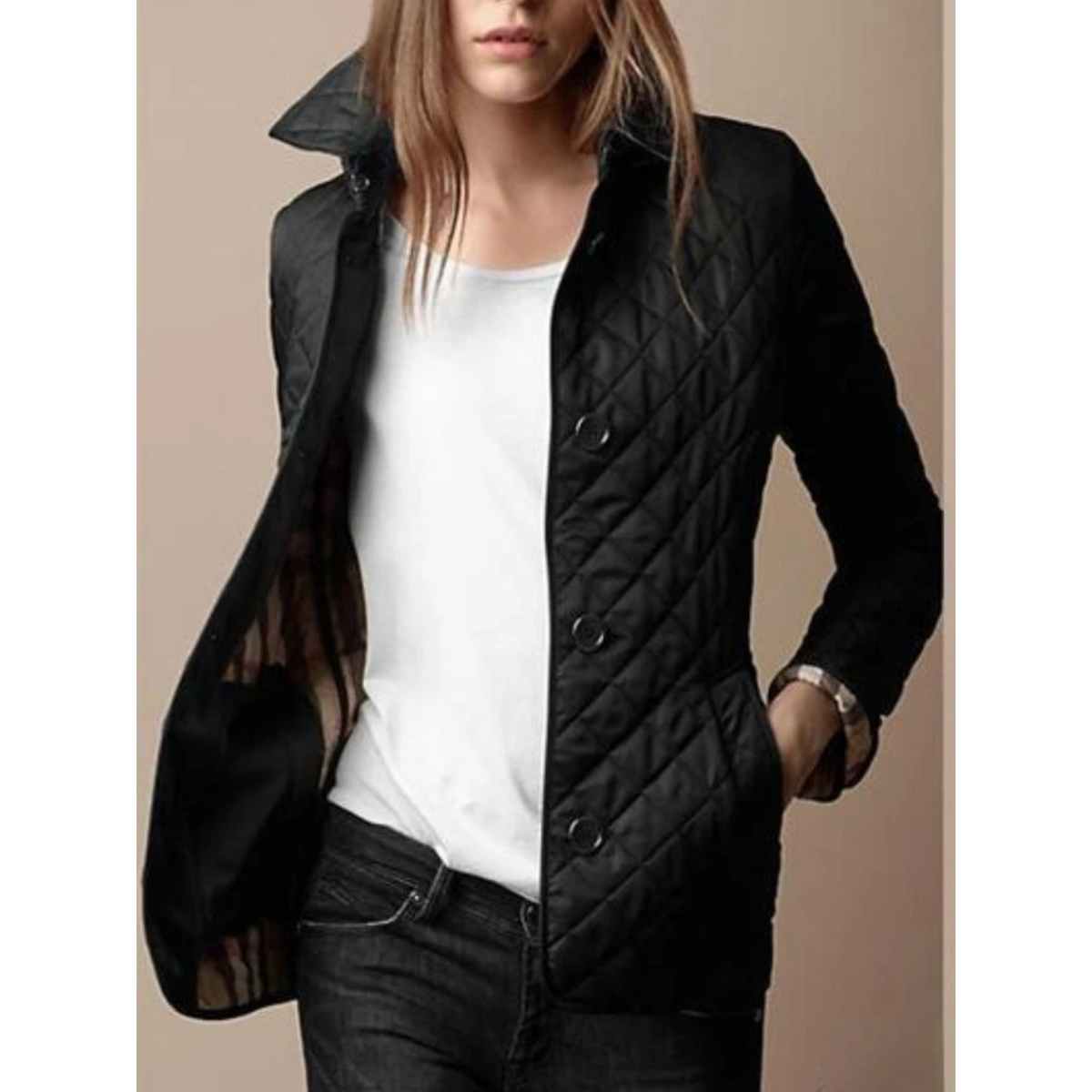 Women's Quilted Jacket with Diamond Pattern Button Front and Turned-Down Collar
