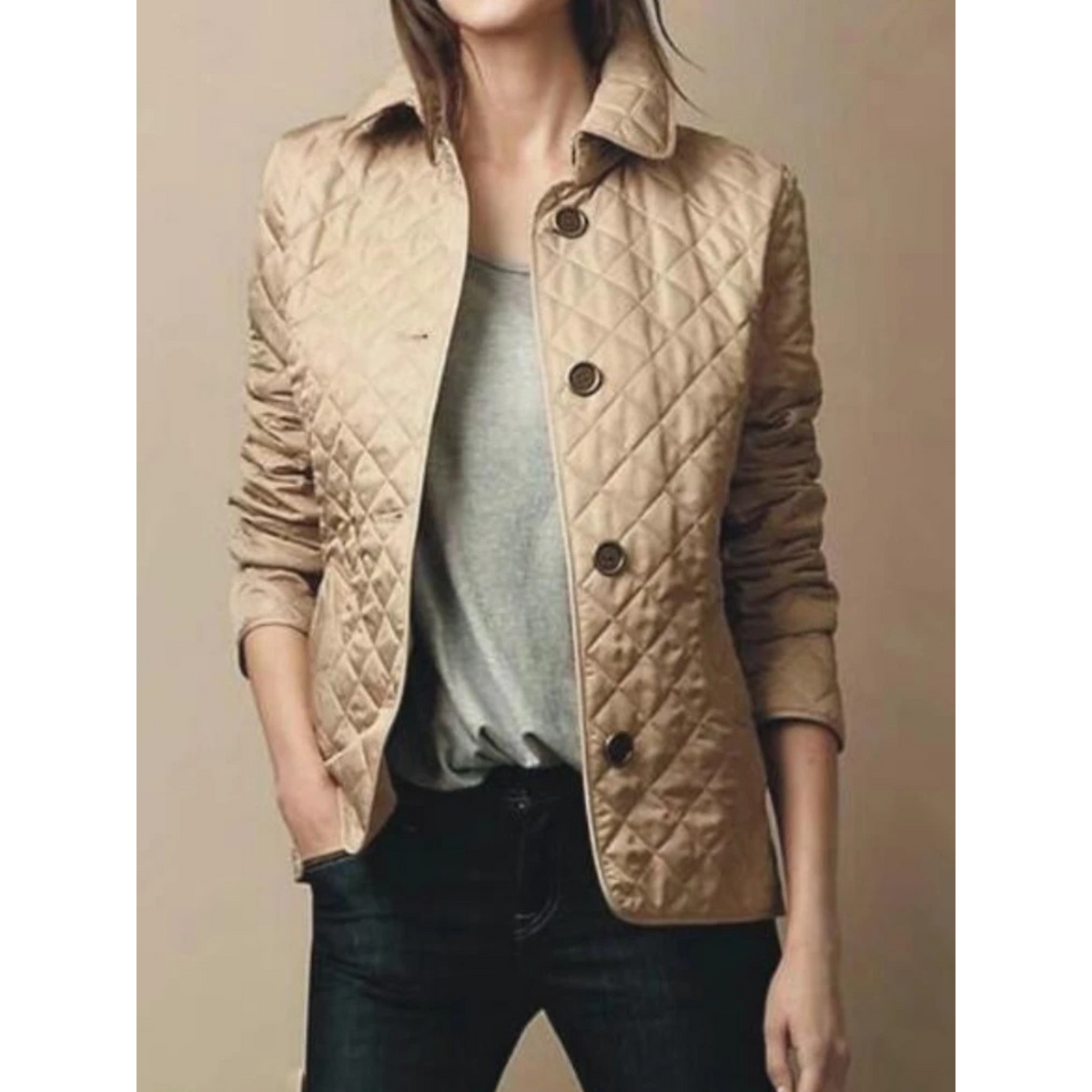 Women's Quilted Jacket with Diamond Pattern Button Front and Turned-Down Collar