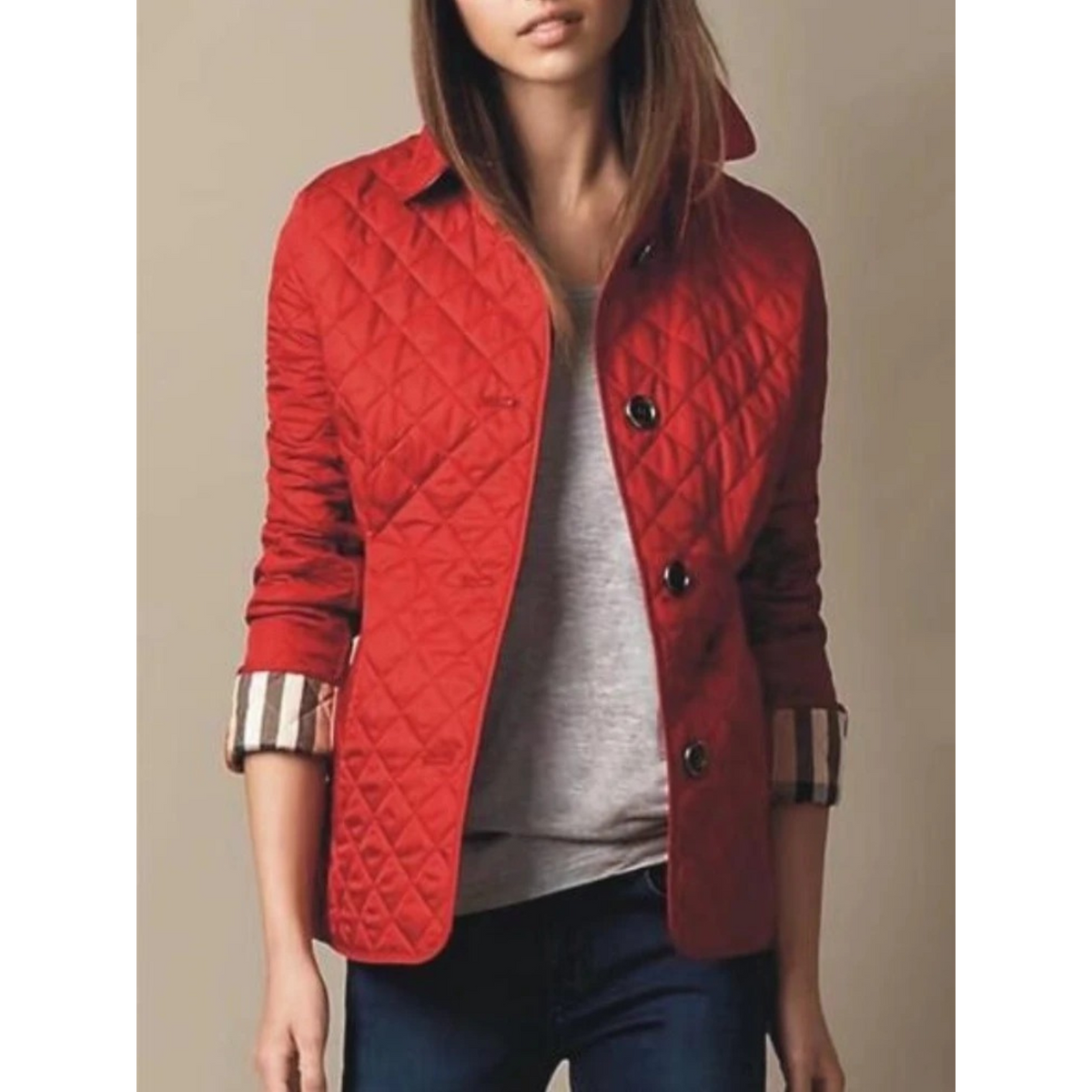 Women's Quilted Jacket with Diamond Pattern Button Front and Turned-Down Collar