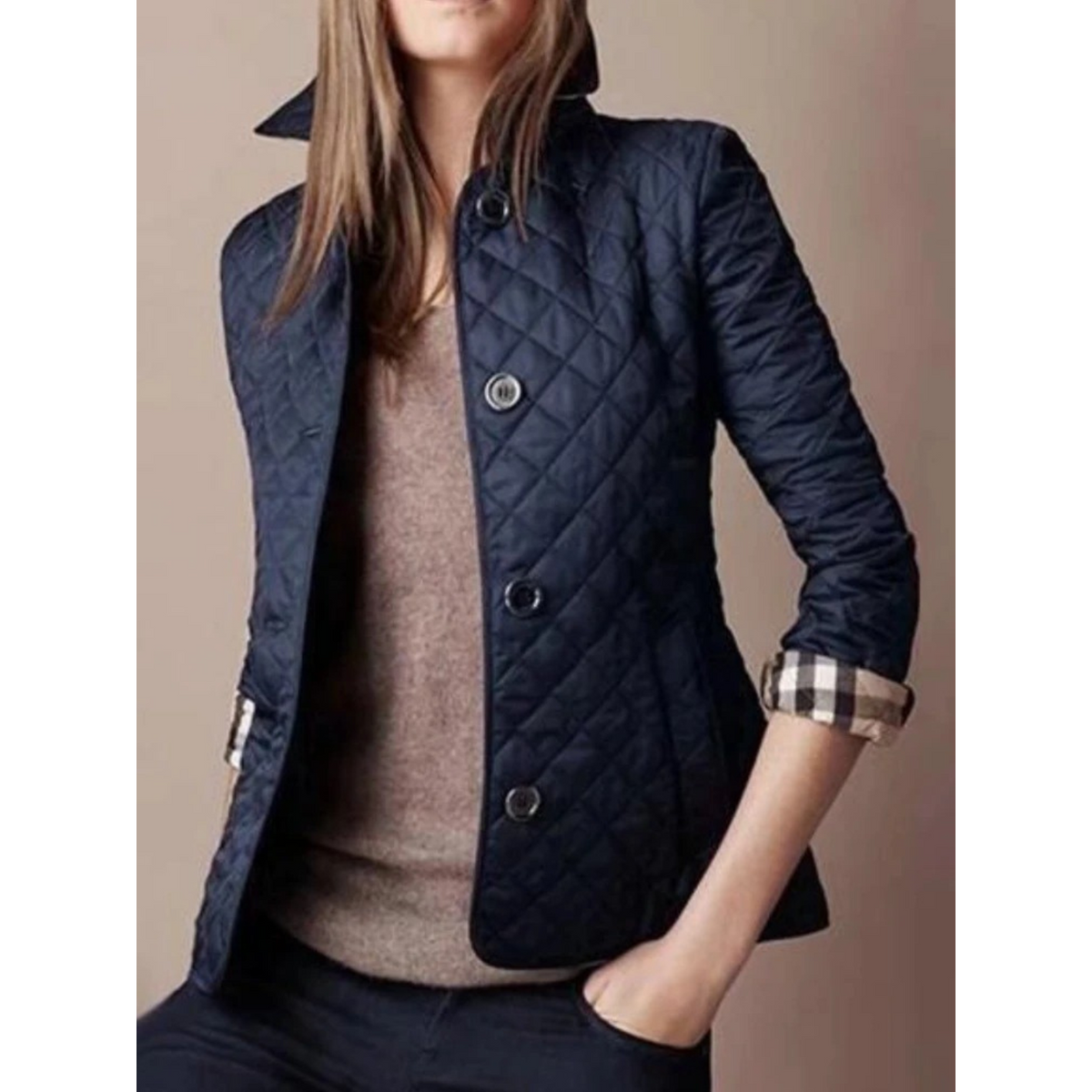 Women's Quilted Jacket with Diamond Pattern Button Front and Turned-Down Collar
