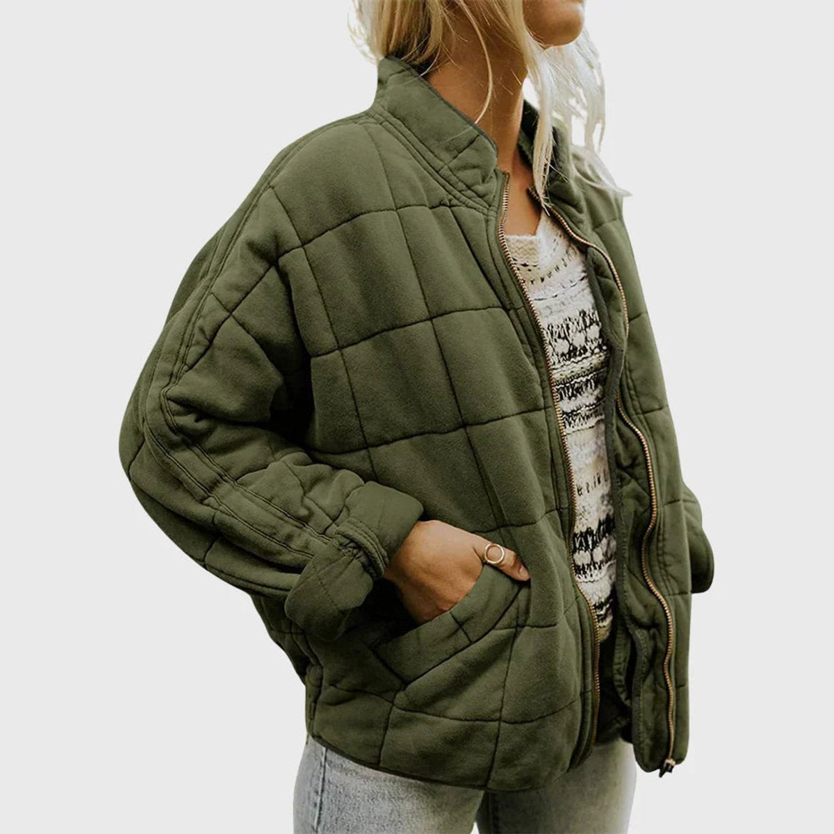 Una | Relaxed-Fit Diamond Zip-Up Quilted Jacket