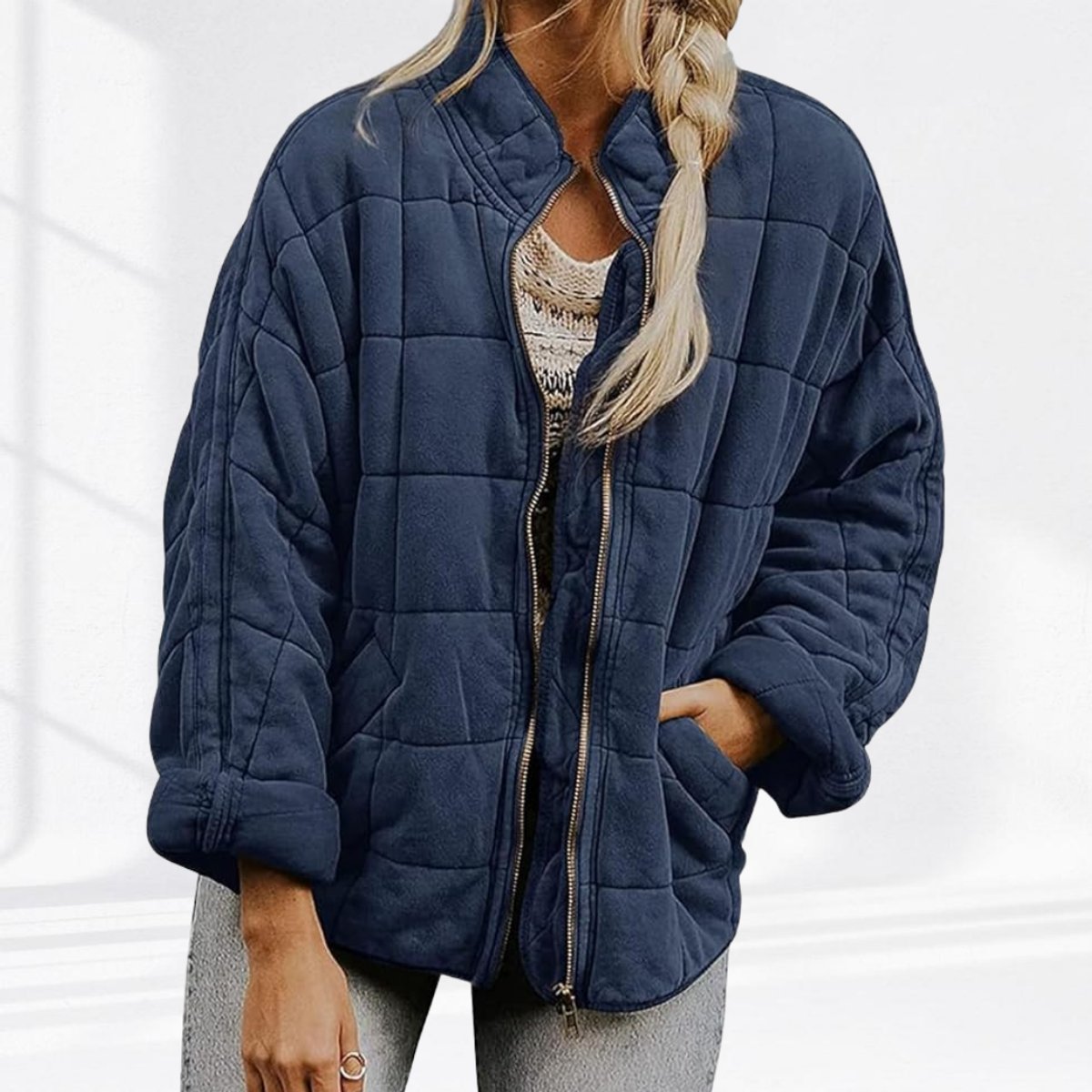 Una | Relaxed-Fit Diamond Zip-Up Quilted Jacket