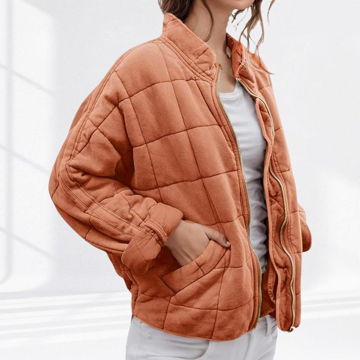 Una | Relaxed-Fit Diamond Zip-Up Quilted Jacket