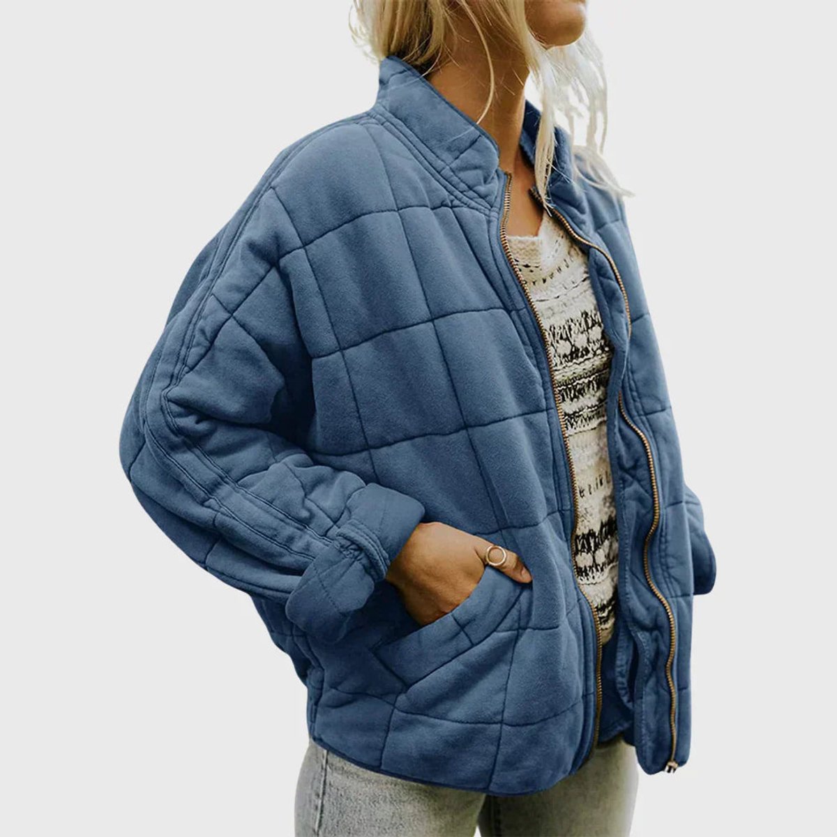 Una | Relaxed-Fit Diamond Zip-Up Quilted Jacket