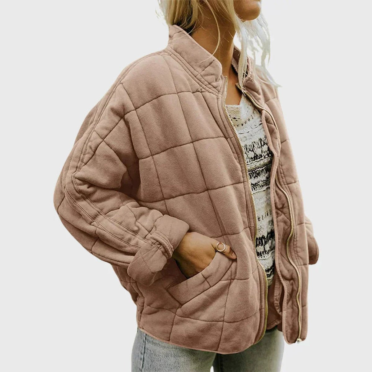 Una | Relaxed-Fit Diamond Zip-Up Quilted Jacket