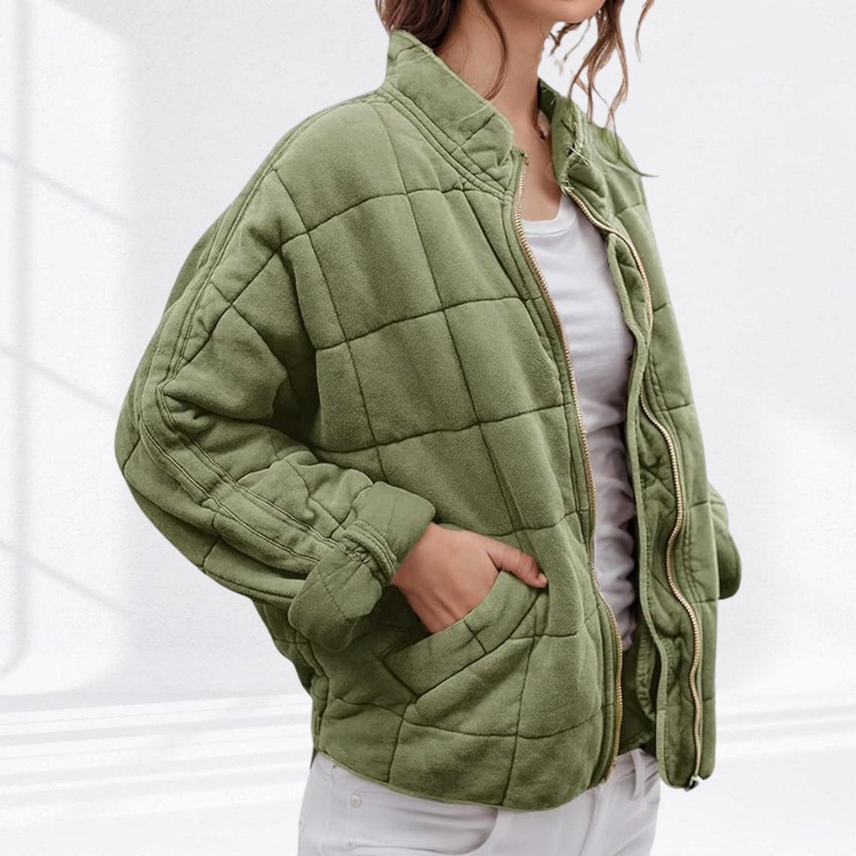 Una | Relaxed-Fit Diamond Zip-Up Quilted Jacket