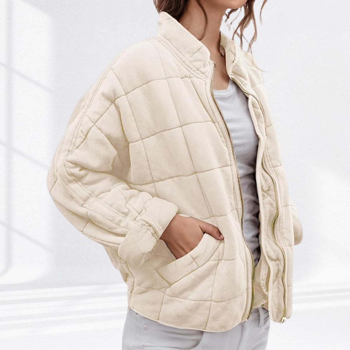 Una | Relaxed-Fit Diamond Zip-Up Quilted Jacket