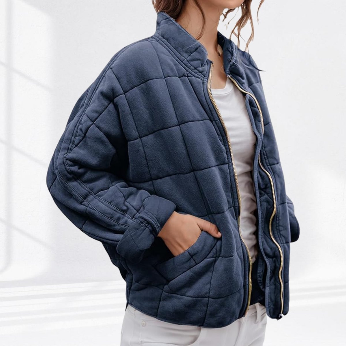 Una | Relaxed-Fit Diamond Zip-Up Quilted Jacket