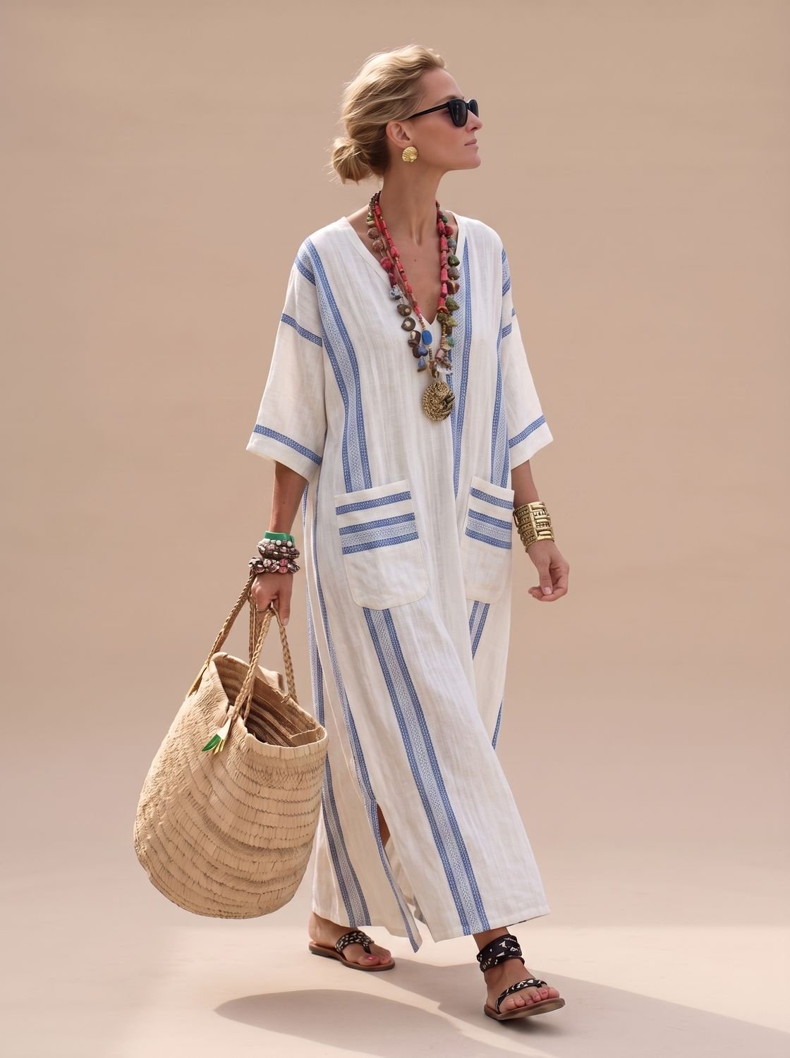 Amelia | Women's Relaxed-Fit V-Neck Striped Formal Maxi Dress
