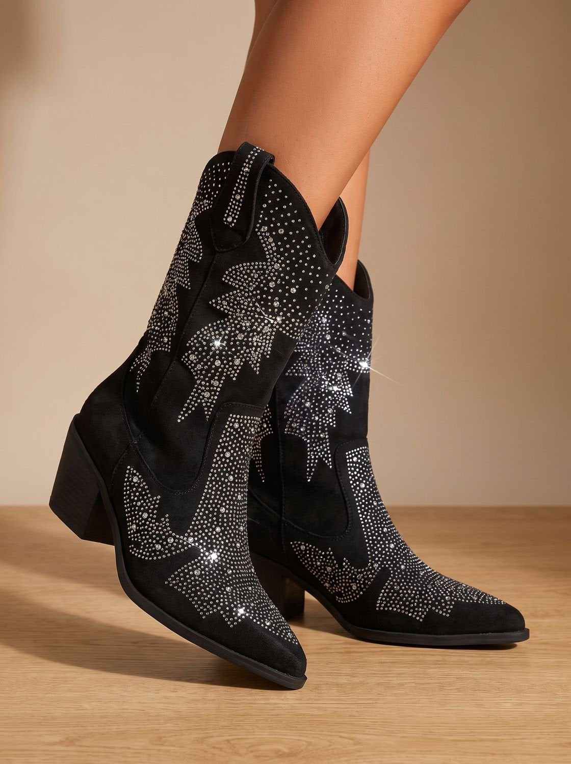 Scarlett | Women's Rhinestone Embellished Mid-Calf Block-Heel Cowboy Boots