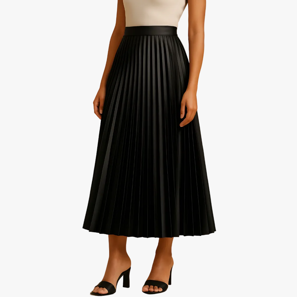 Women's Pleated Midi Skirt High-Waisted with Satin Finish
