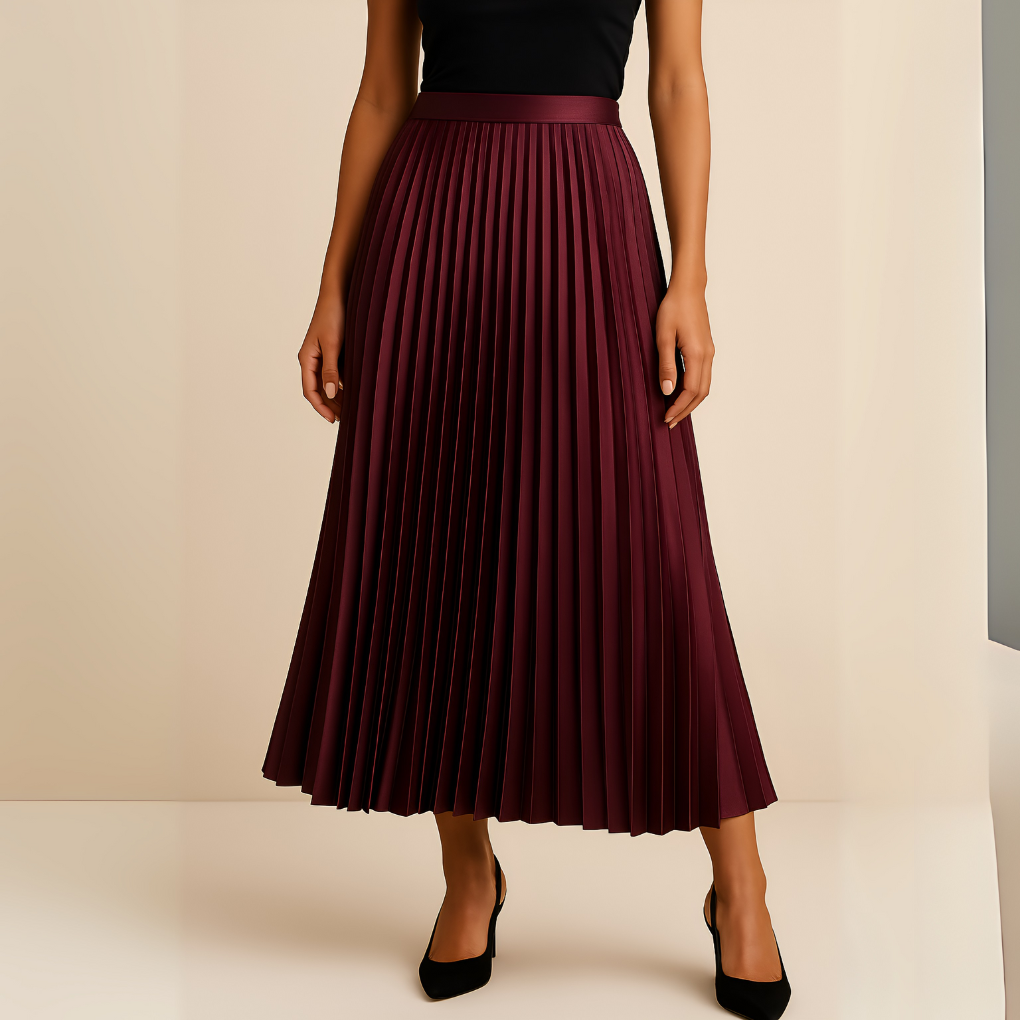 Women's Pleated Midi Skirt High-Waisted with Satin Finish