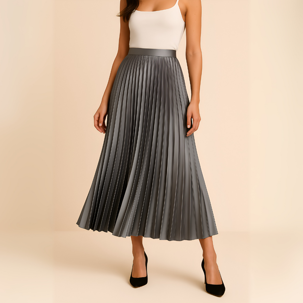 Women's Pleated Midi Skirt High-Waisted with Satin Finish